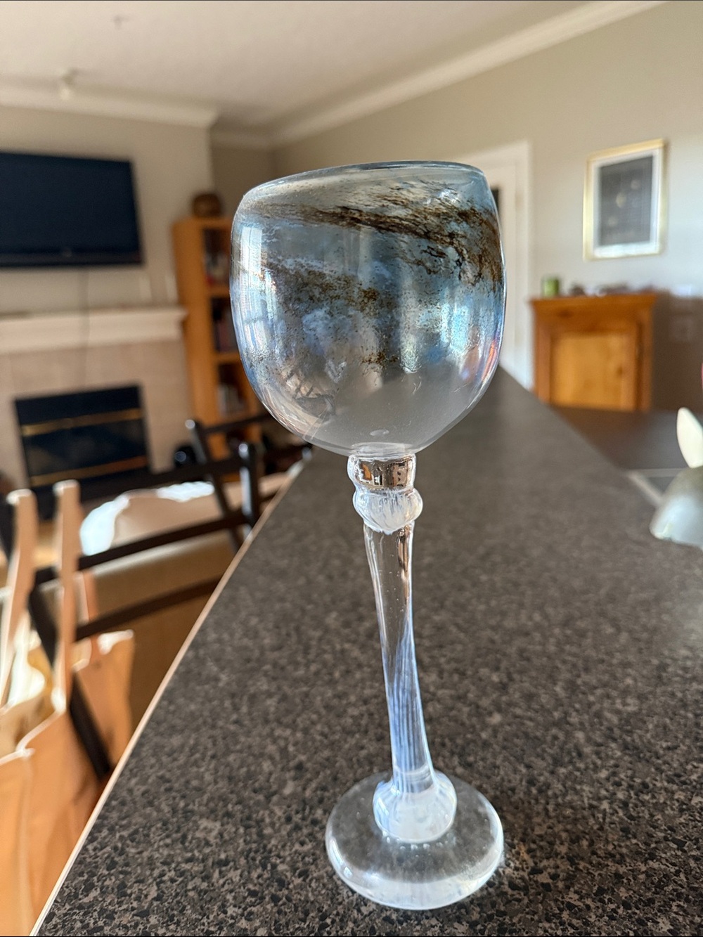 Handblown Glass Wine Goblet with Blue-Grey Swirl